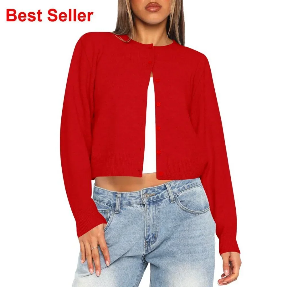 Cropped Knit Cardigan, Lightweight Button Up Sweater, Women's Long Sleeve